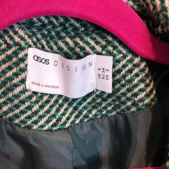 Asos Desgn green/white/black herringbone long coat size 2 - Picture 2 of 3